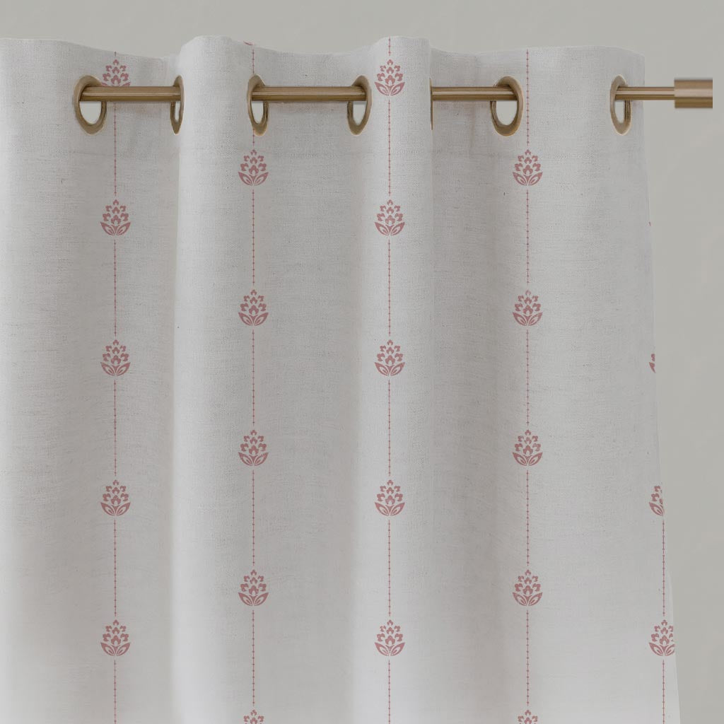 Pink Patterned Stripe Linen Eyelet Curtain - Maybel Dusty Pink - WHT - White base fabric.