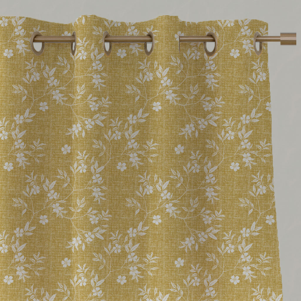 Yellow Floral Linen Eyelet Curtains - Merisa Gold Amber - White base fabric.