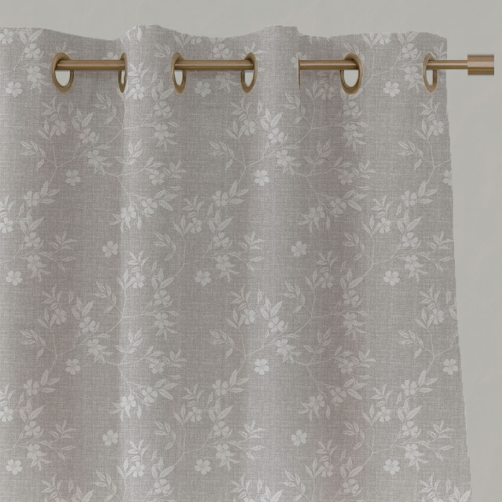 Neutral / Grey Floral Linen Eyelet Curtains - Merisa Grey Sand - White base fabric.