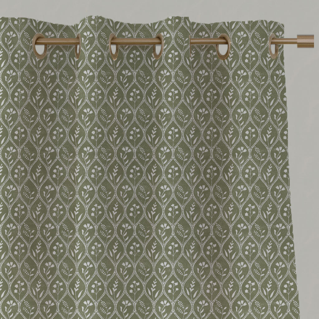 Green Floral Linen Eyelet Curtains - Miny Moss-WHT - White base fabric.