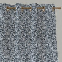 Blue Patterned Linen Eyelet Curtains - Nora Ink-WHT - White base fabric.