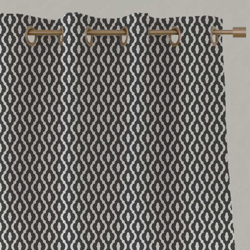 Grey Patterned Linen Eyelet Curtains - Oona Charcoal - White base fabric.