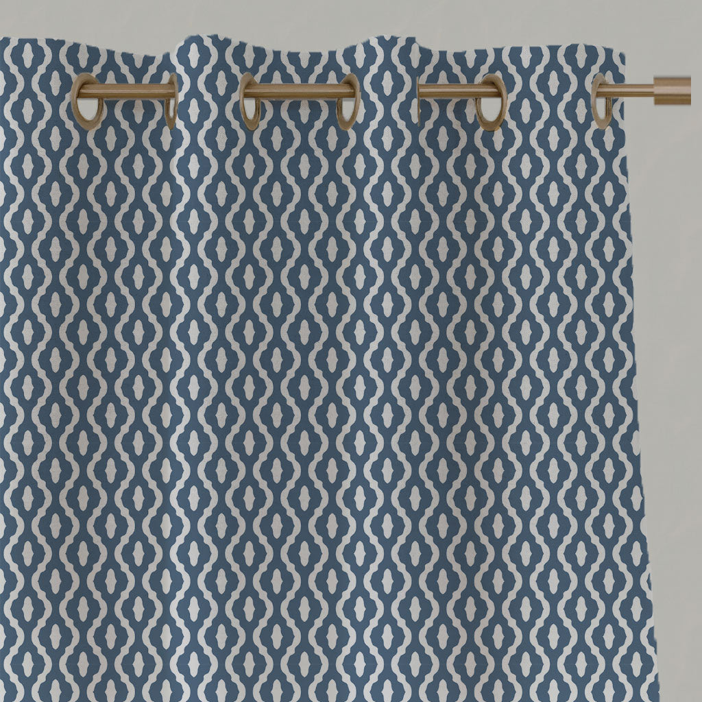 Blue Patterned Linen Eyelet Curtains - Oona Denim - White base fabric.
