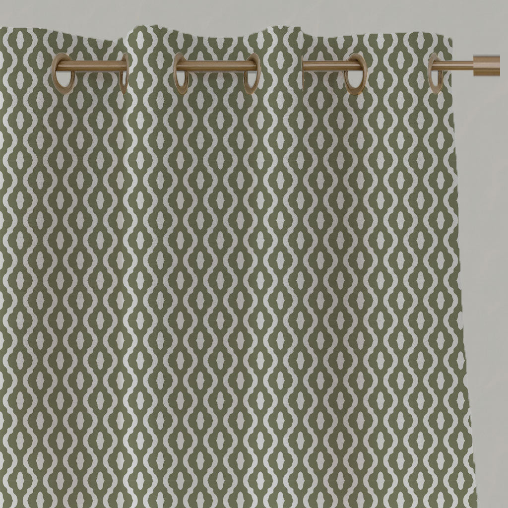 Green Patterned Linen Eyelet Curtains - Oona Moss - White base fabric.