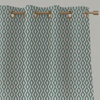 Green Patterned Linen Eyelet Curtains - Oona Sage - White base fabric.