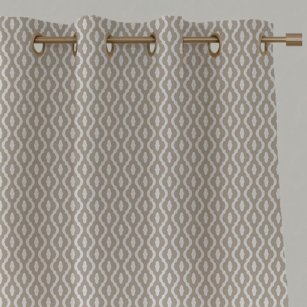 Neutral / Brown Patterned Linen Eyelet Curtains - Oona Taupe - White base fabric.