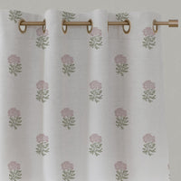Pink Floral Linen Eyelet Curtain - Pearlie Peony-WHT - White base fabric.
