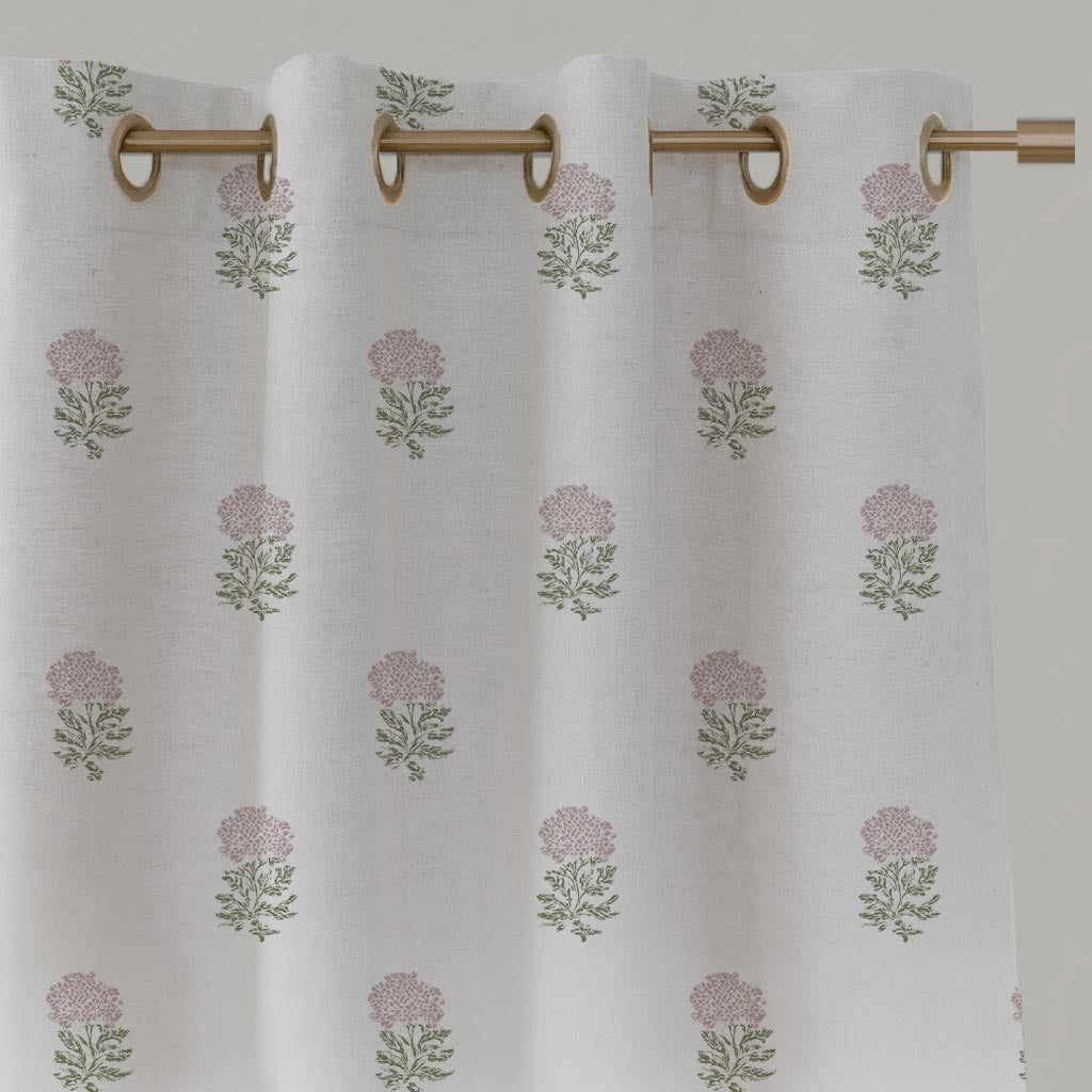 Pink Floral Linen Eyelet Curtain - Pearlie Peony-WHT - White base fabric.