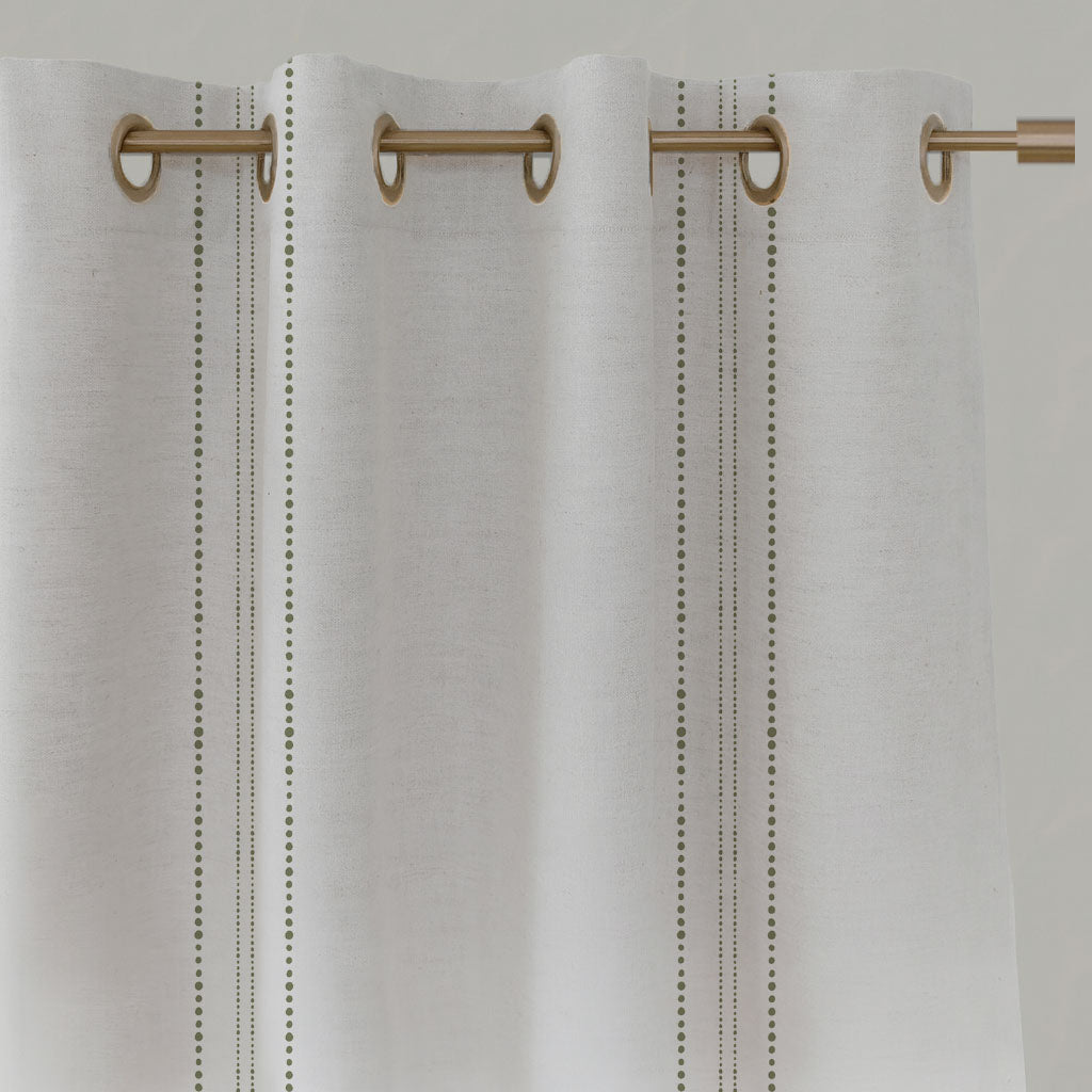 Green Striped Linen Eyelet Curtains - Reyna Moss-WHT - White base fabric.
