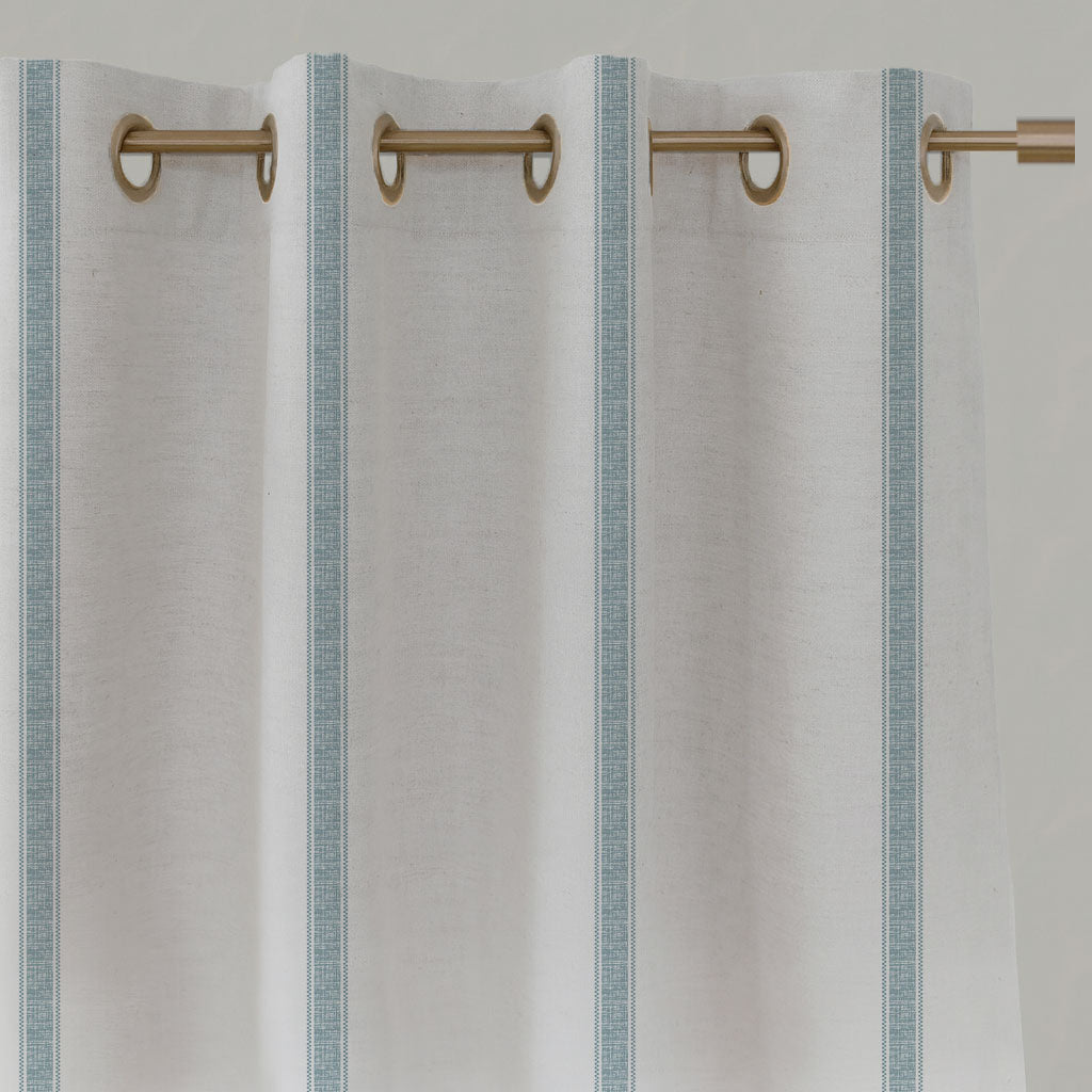 Blue Striped Linen Eyelet Curtains - Rune Shadow Blue  - White base fabric.