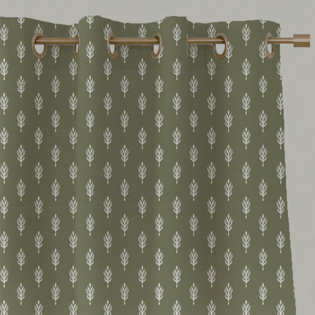 Green Botanical Linen Eyelet Curtains - Sariann-INV Moss - White base fabric.