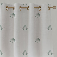 Green Floral Linen Eyelet Curtains - Sarianna Meadow - White base fabric.
