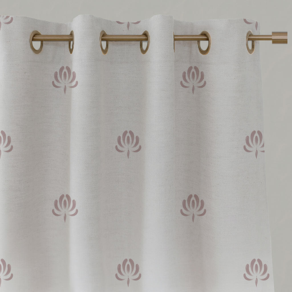 Pink Floral Linen Eyelet Curtains - Sarianna Peony - White base fabric.