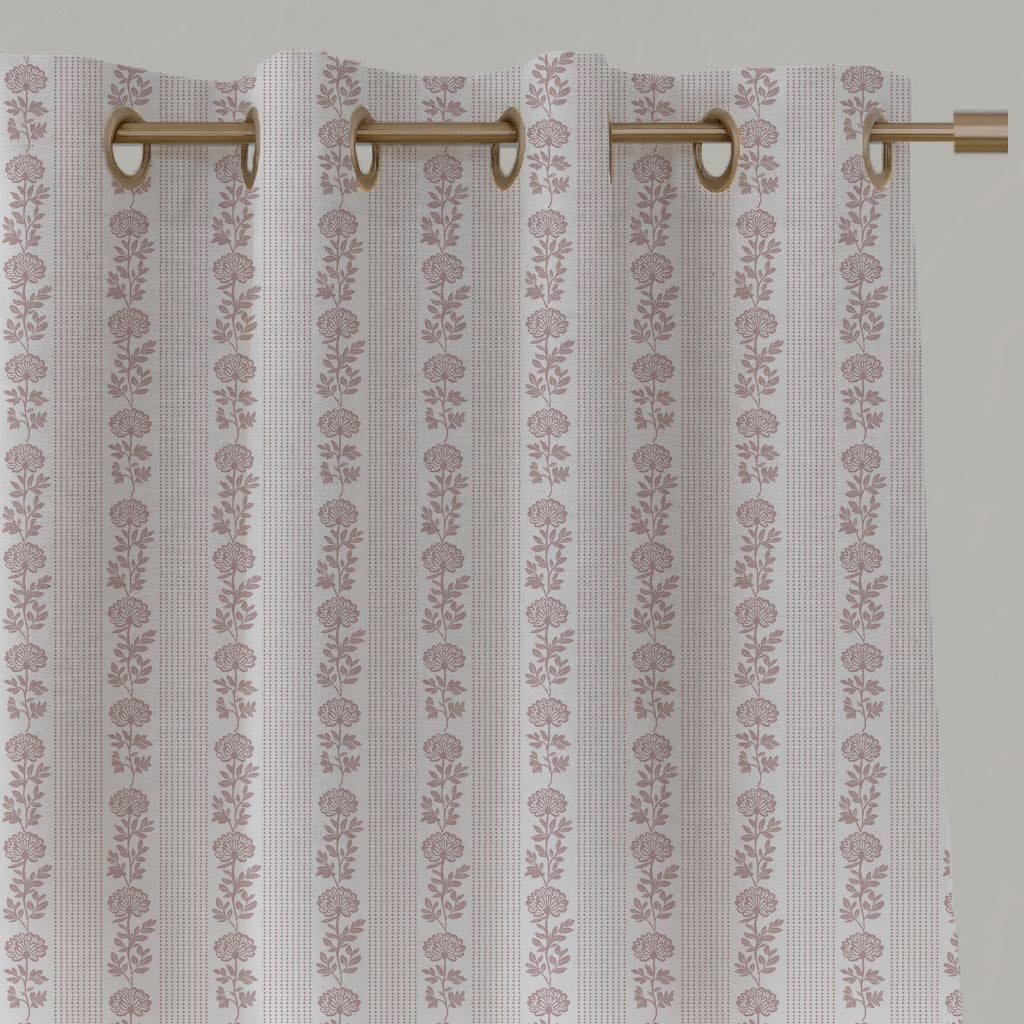 Pink Floral Stripe Linen Eyelet Curtain - Skye Peony-WHT - White base fabric.