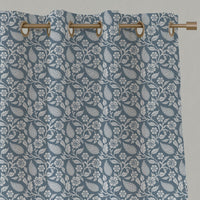 Blue Floral Linen Eyelet Curtains - Sonja Agate Blue - White base fabric.