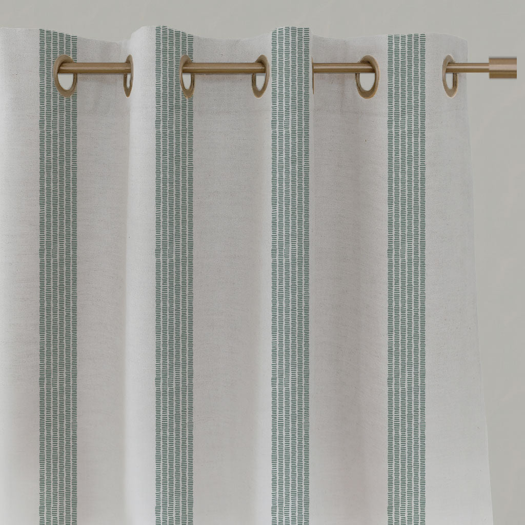 Green Striped Linen Eyelet Curtains - Sumi Sage-WHT - White base fabric.