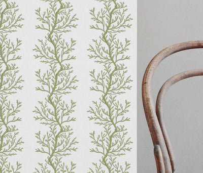 Galilea Moss - white curtain fabric with Green abstract print