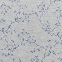 Botanical Blue Curtain Fabric - Blue tree with leaves and birds