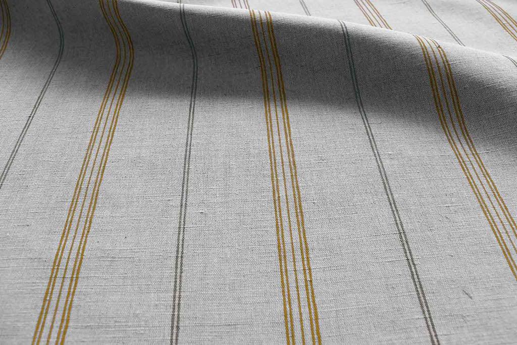 Elise Gold Ochra - Linen Cotton mix curtain fabric, Orange & Grey stripes