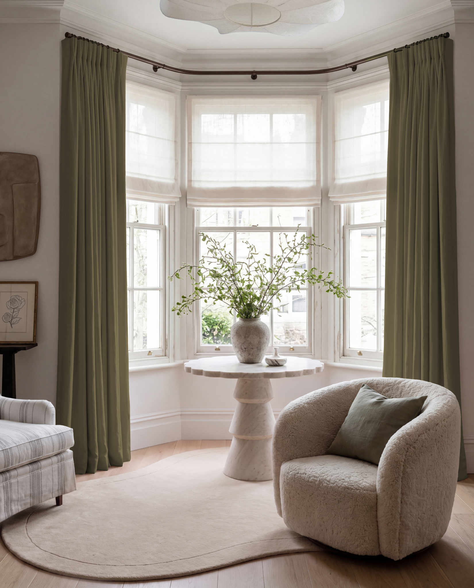 Green 100% Linen Bay window curtains. Bea Khaki Green by Ada & Ina