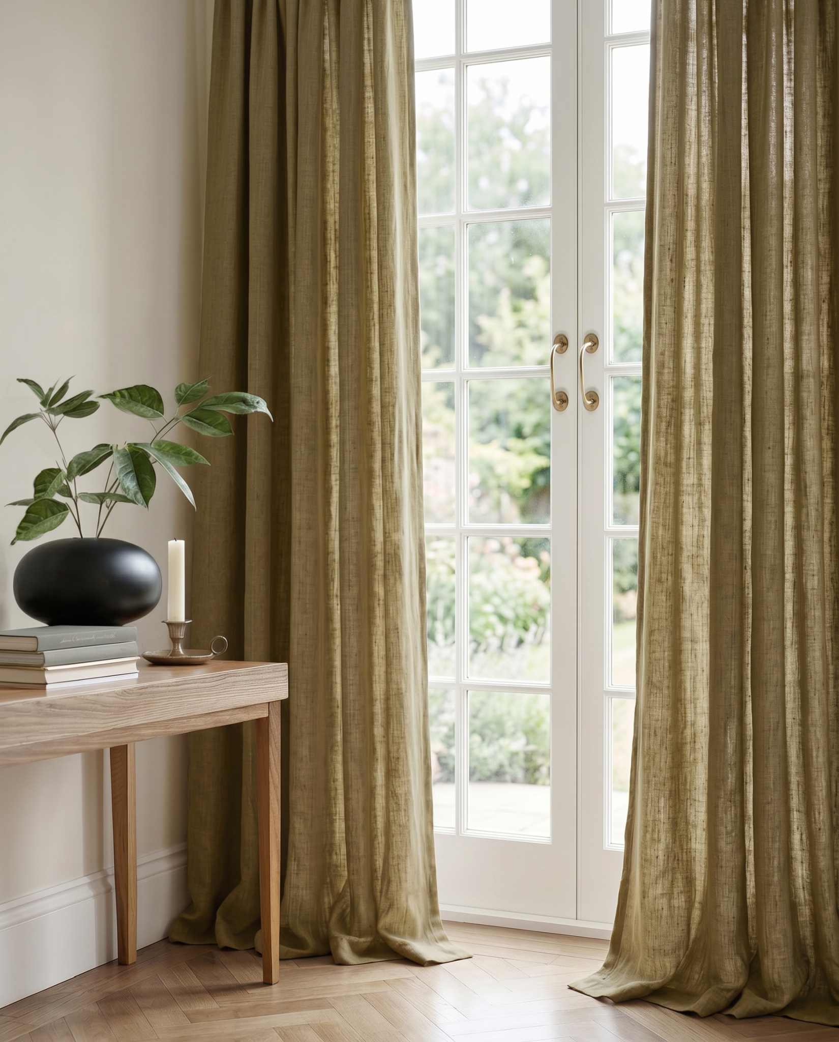 Green 100% Linen Curtains with puddling