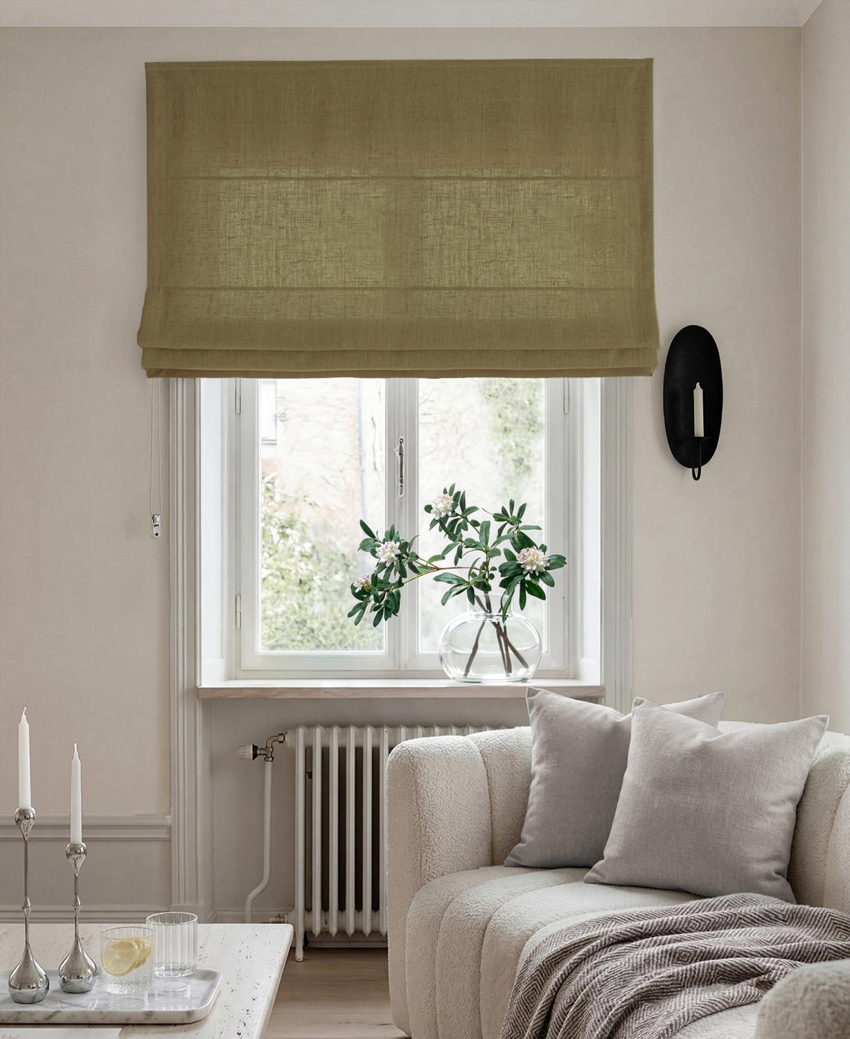 Green 100% Linen Roman blind. Bea Leaf by Ada & Ina Fabrics
