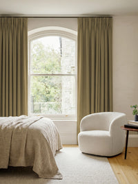Green 100% Linen Triple Pleat curtains. Bea Leaf by Ada & Ina