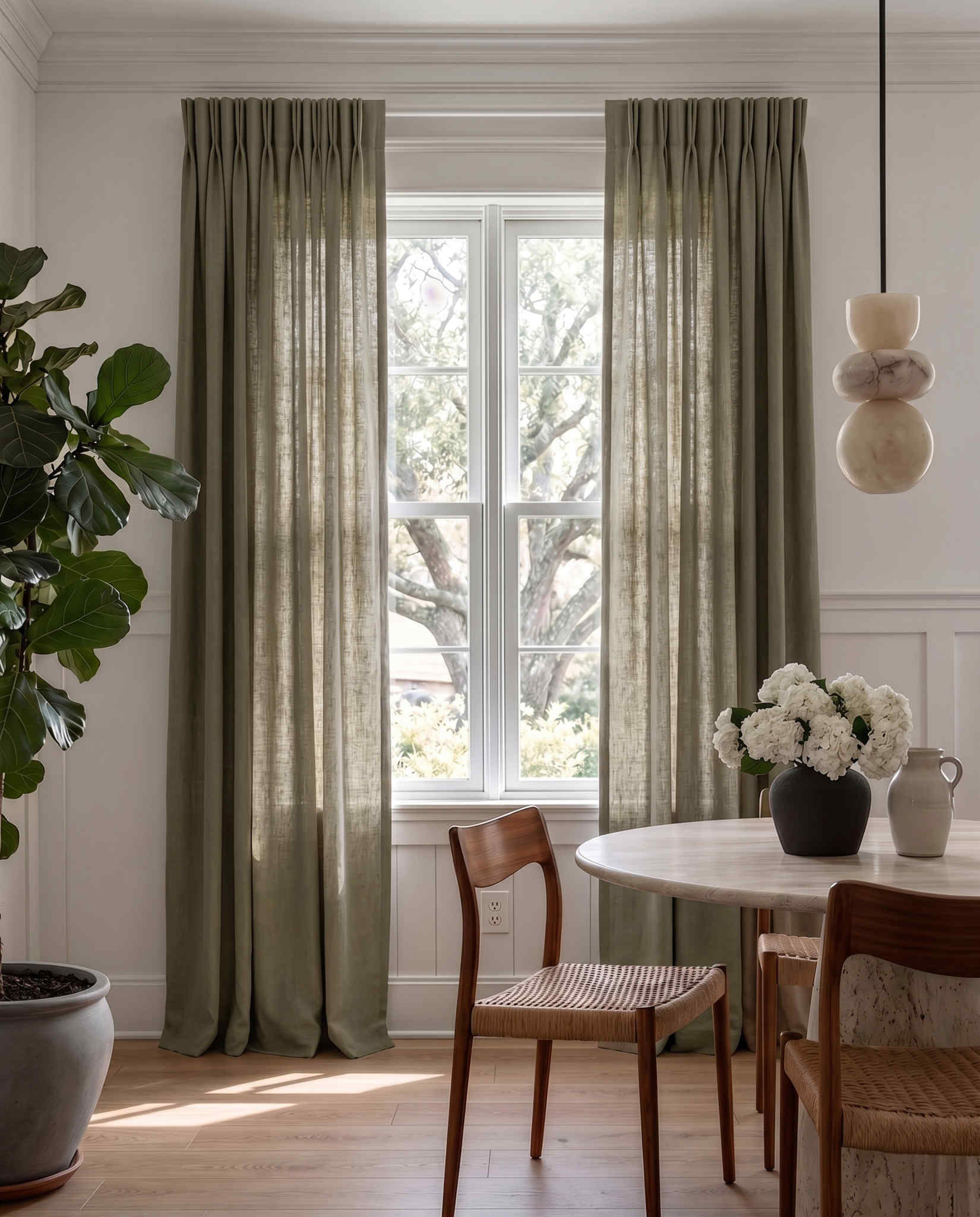 Green 100% Linen Unlined curtains - Pencil pleat heading. Bea Khaki Green by Ada & Ina
