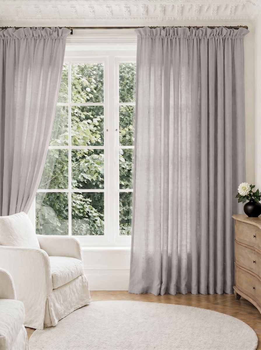 Greige Pleated Linen curtains for Living room. Made of pre-washed linen Bianco Greige by Ada & Ina.