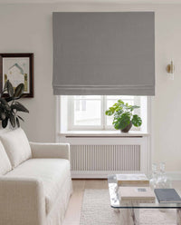 Grey Linen Roman blind blackout lined - pre-washed 100% linen. Bianco Iron by Ada & Ina.