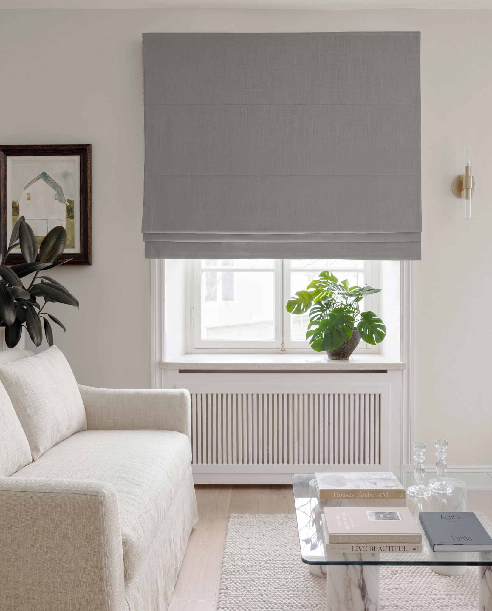 Grey Linen Roman blind blackout lined - pre-washed 100% linen. Bianco Iron by Ada & Ina.