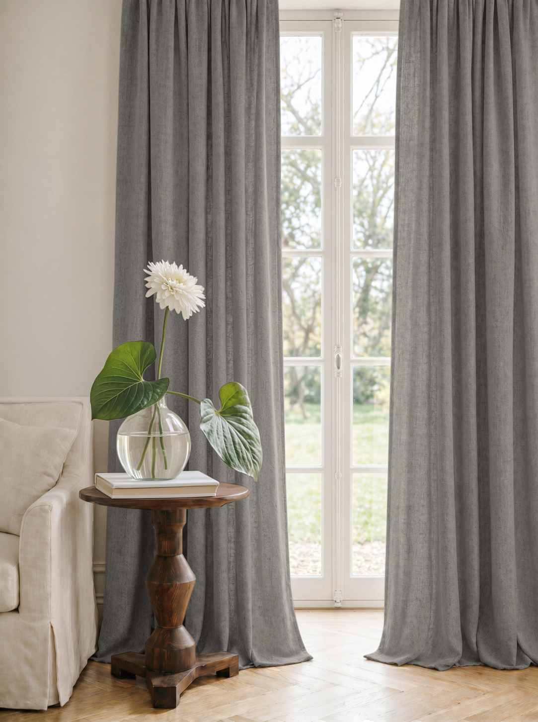 Grey Linen Curtains - Cotton lined. Made of pre-washed 100% linen Bianco Iron by Ada & Ina.