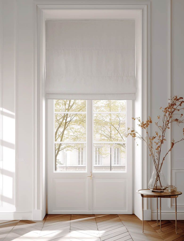 Light grey roman blind in Amara Grey Mist cotton fabric