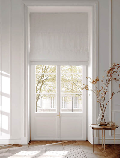 Light grey roman blind in Amara Grey Mist cotton fabric