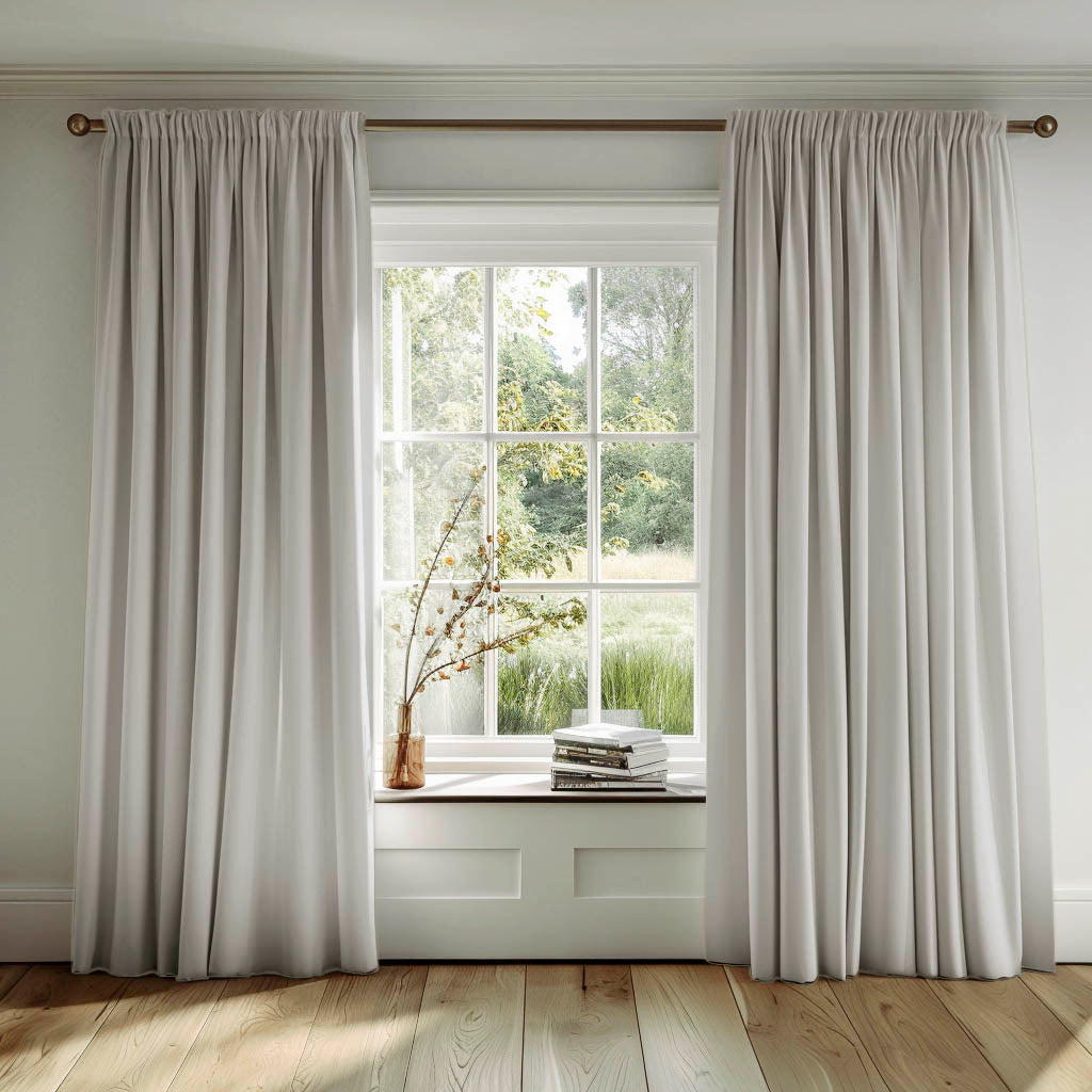 Light grey pencil pleat curtains in Amara Grey Mist cotton fabric