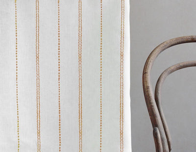 Inga Ochra - White fabric with Yellow Orange decorative stripes, 100% Linen