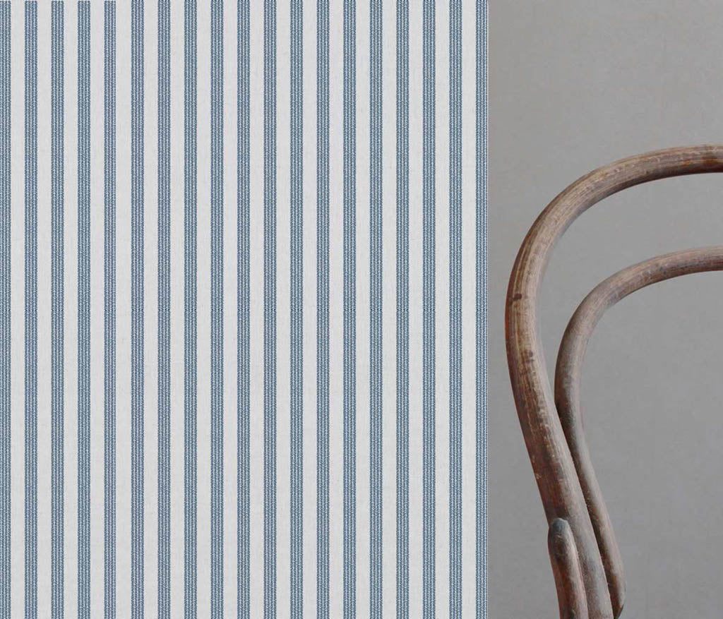Evianne Ink-WHT - White curtain fabric with Blue Striped print