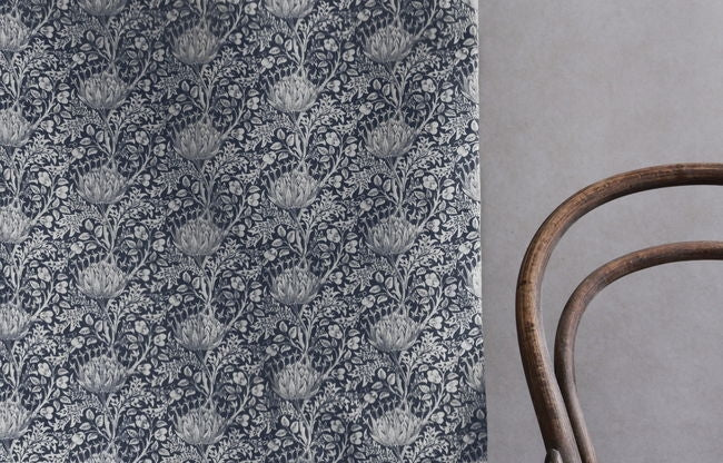 Katarina Ink - White linen fabric with Dark Blue floral print