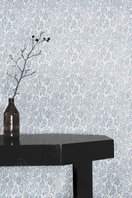 Lisbell Ink -WHT - White linen fabric with Blue botanical print