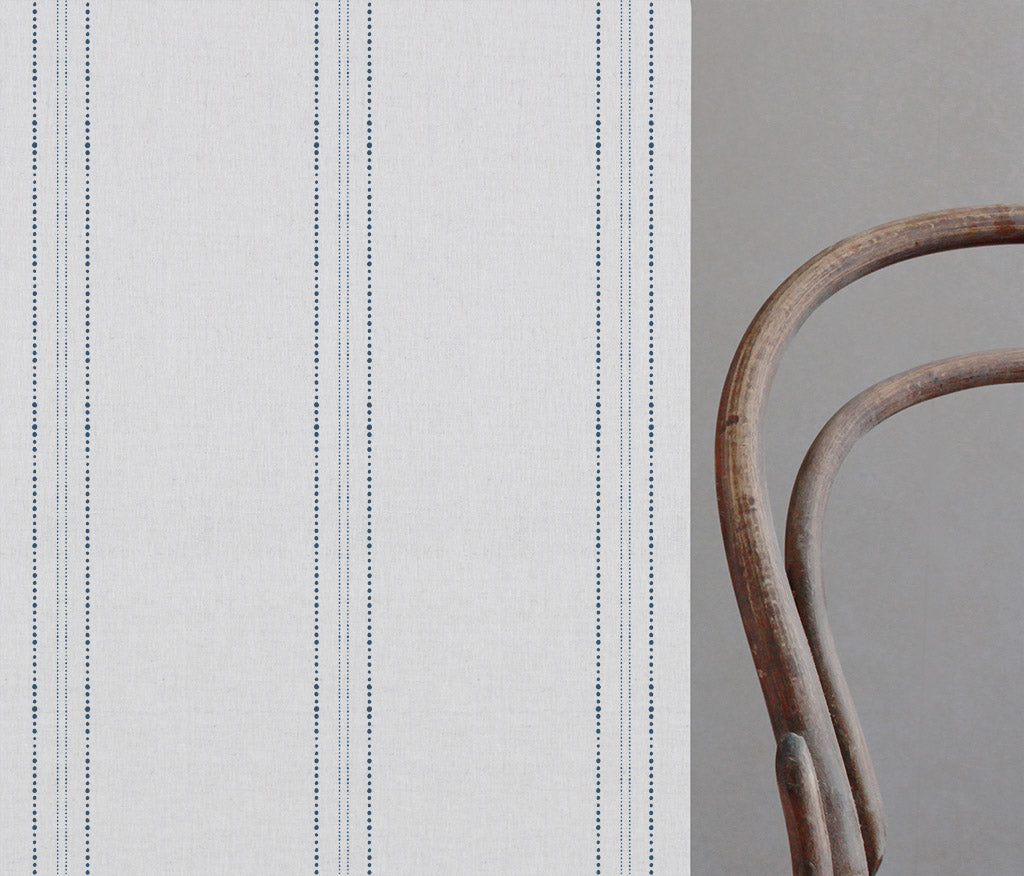 Reyna Ink-WHT - White fabric with Dotted Striped Dark Blue print