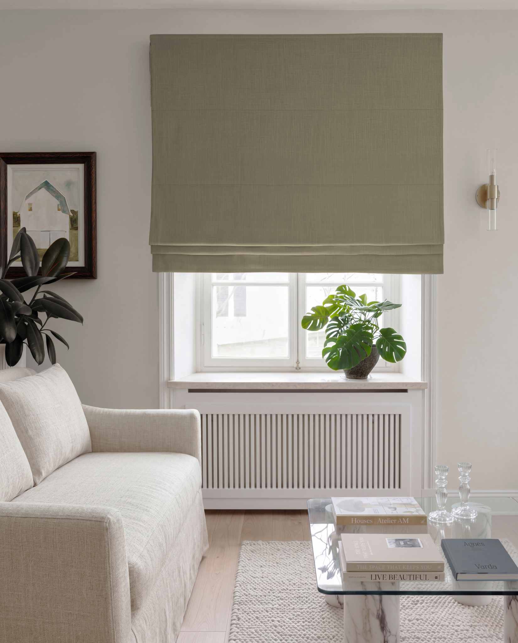 Khaki Green Linen Roman blind blackout lined - pre-washed 100% linen. Bianco Khaki by Ada & Ina.