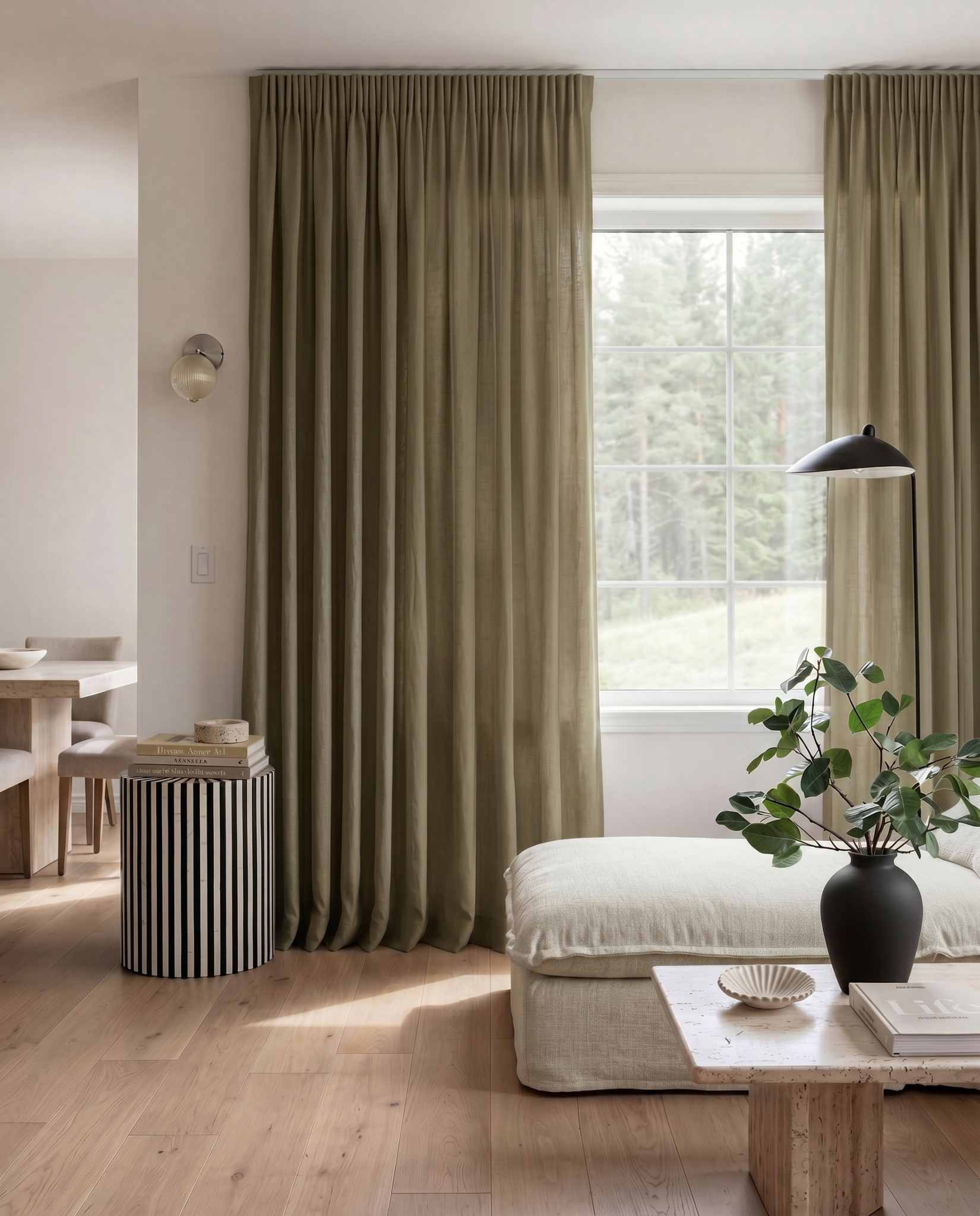 Khaki Green Pleated linen curtains. Made of soft Linen Cotton fabric Enni Khaki by Ada & Ina