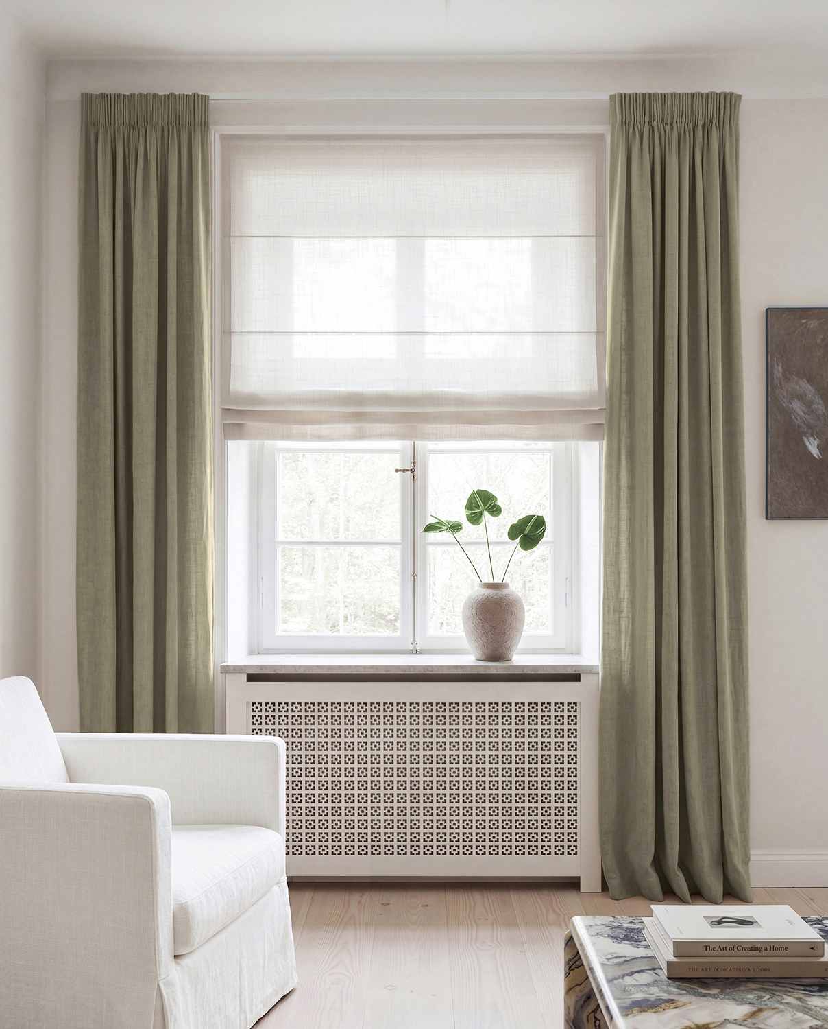 Khaki Green Linen curtains blackout lined - pre-washed linen. Bianco Khaki by Ada & Ina.