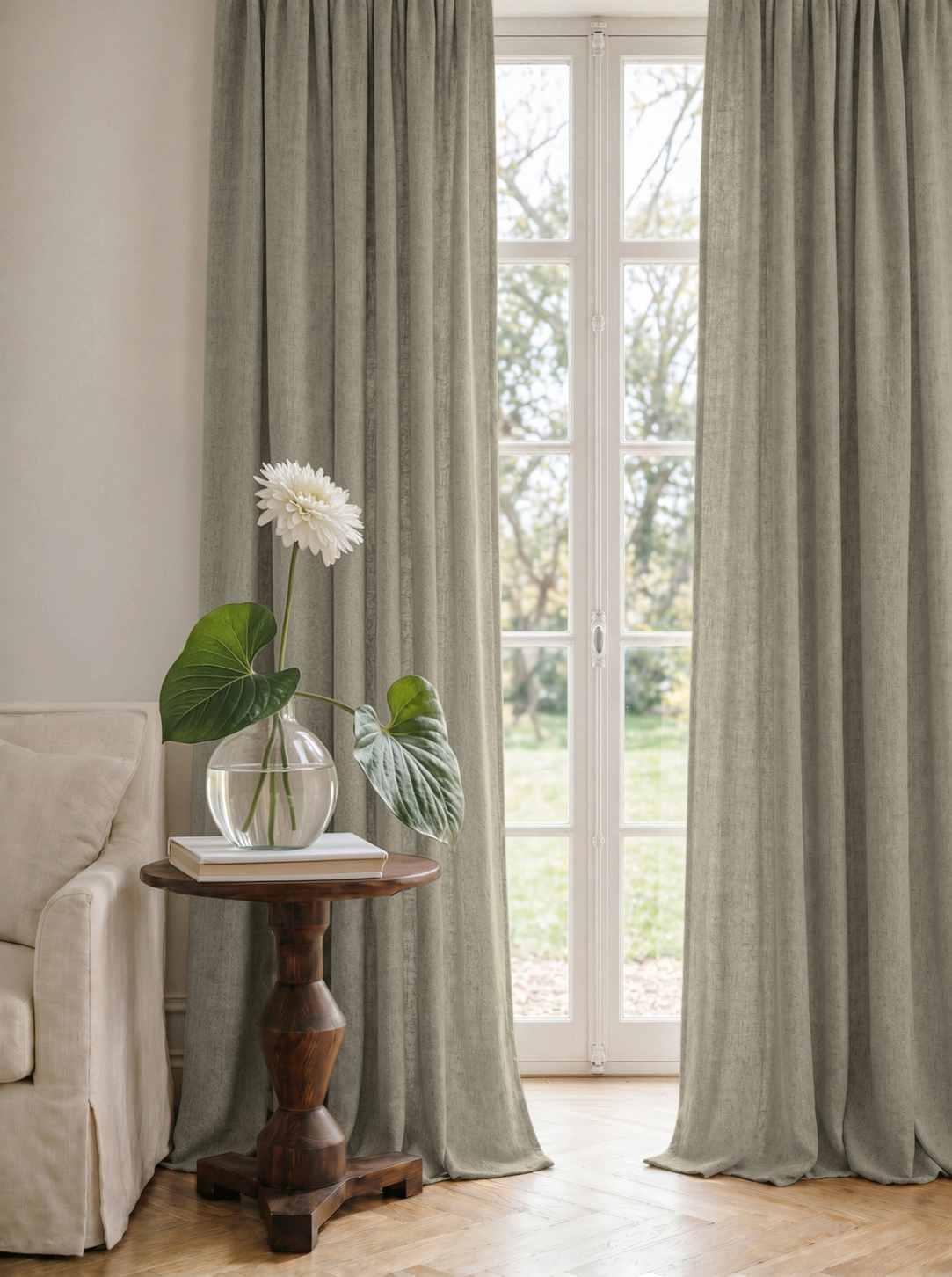 Khaki Green Linen Curtains - Cotton lined. Made of pre-washed 100% linen Bianco Khaki by Ada & Ina.