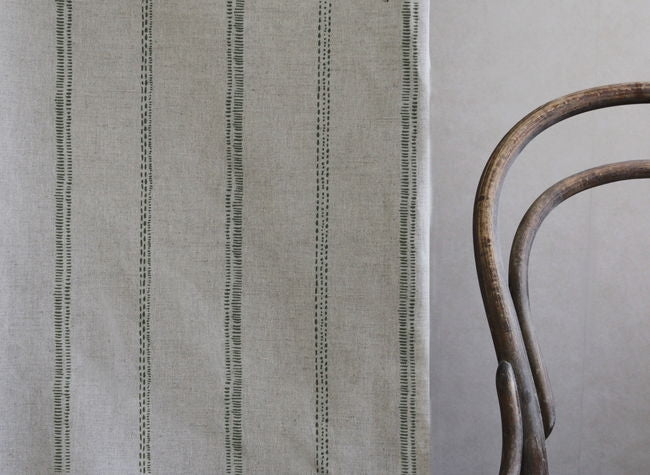 Rae Khaki - Curtain fabric with green hand drawn stripes