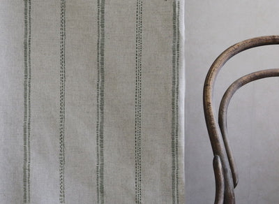 Rae Khaki - Curtain fabric with green hand drawn stripes