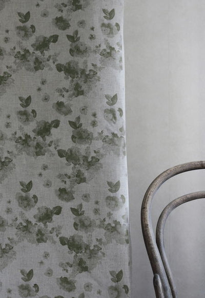 Rose Khaki - Natural curtain fabric, Green floral pattern