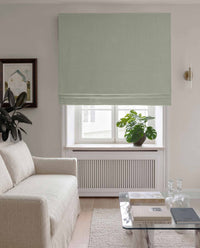 Light Blue Linen Roman blind blackout lined - pre-washed 100% linen. Bianco Aqua by Ada & Ina.