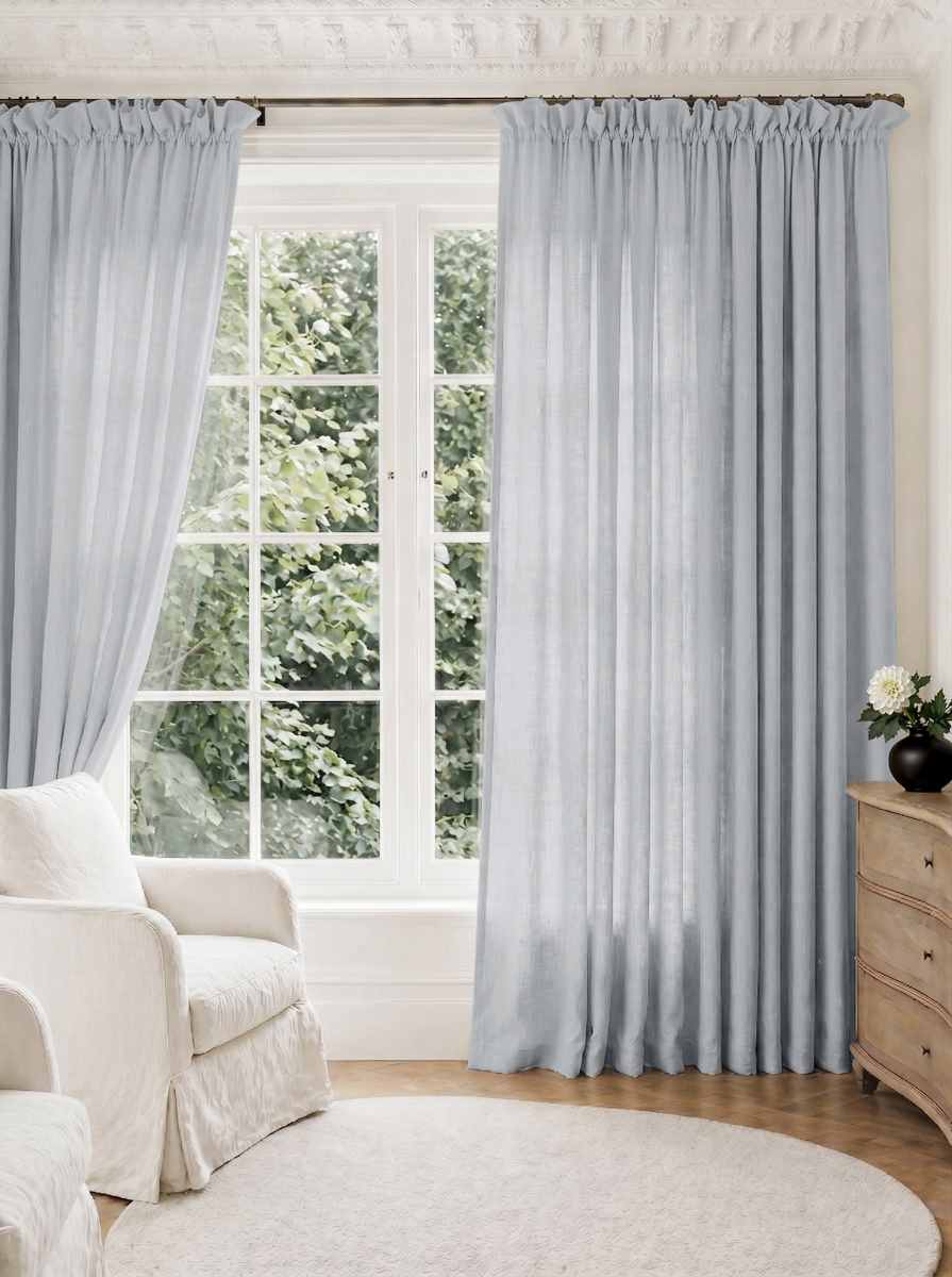 Light Blue Pleated Linen curtains for Living room. Made of pre-washed linen Bianco Pale Blue by Ada & Ina.