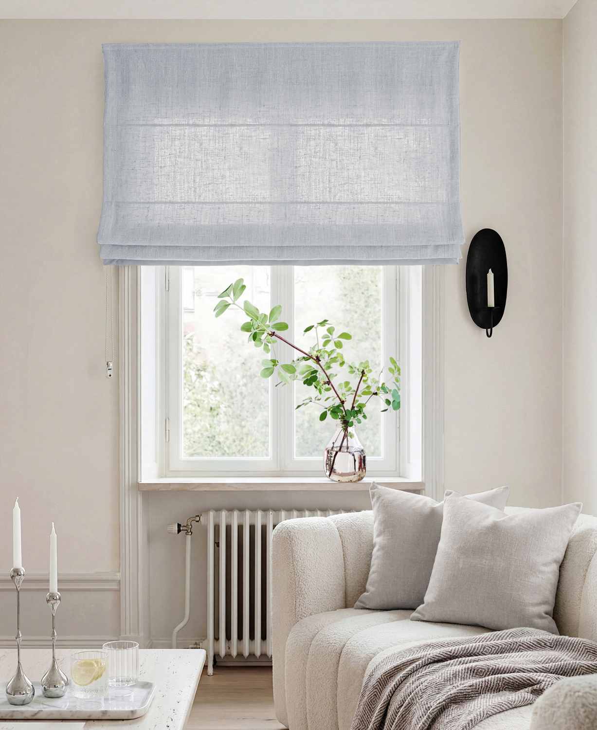 Light Blue Linen Roman blind - Cotton lined. Made of pre-washed 100% linen Bianco Pale Blue by Ada & Ina.